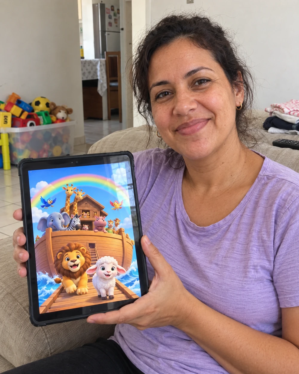 Ilustração de mãe e filho apresentando um tablet com animais da arca de Noé.